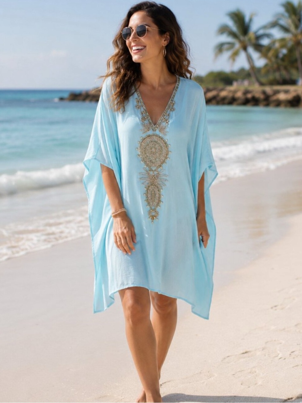 Lilly Pulitzer Chai Caftan Pool Blue Gold Embroidered Beaded Size XXS/XS NWT